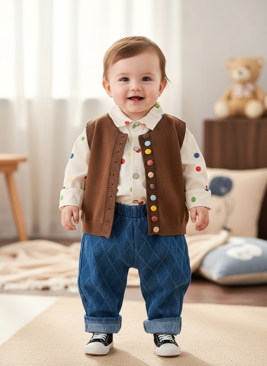 Baby standing and smiling