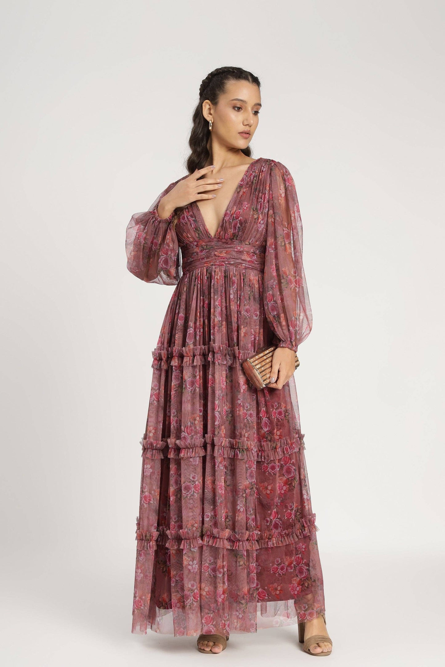 Elegant Purple Floral Tulle Maxi Dress for Formal & Wedding Guest Occasions