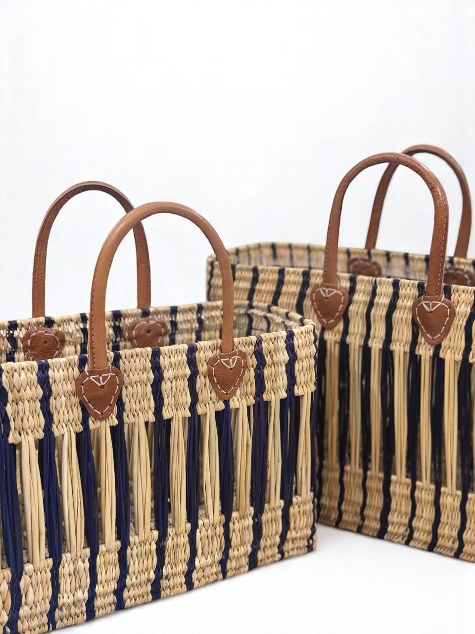 Moroccan Handwoven Straw Tote Bag with Leather Handles - Eco-Friendly Striped Design