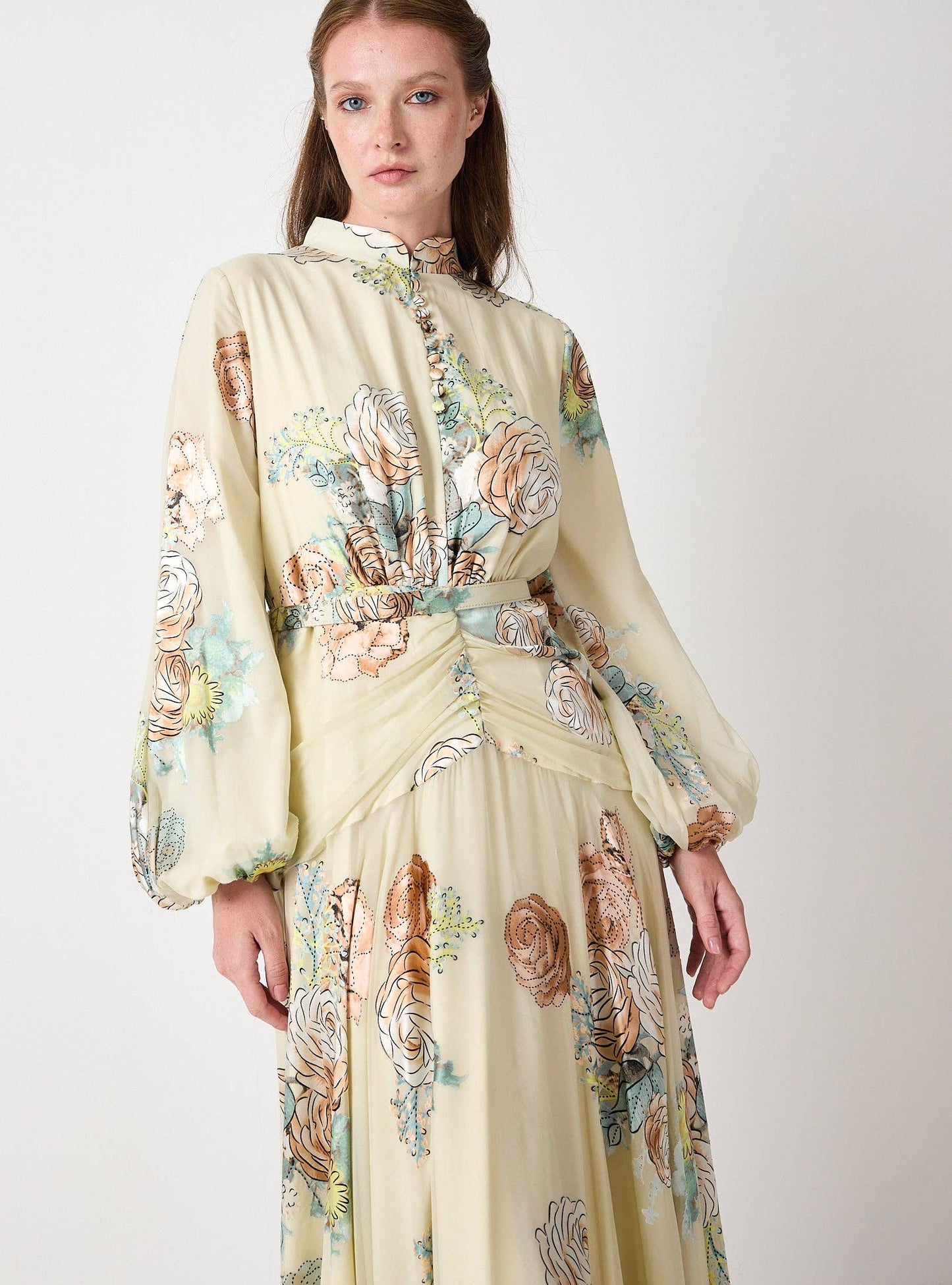 Wholesale Floral Belted Devoré Velvet Effect Maxi Dress for Women