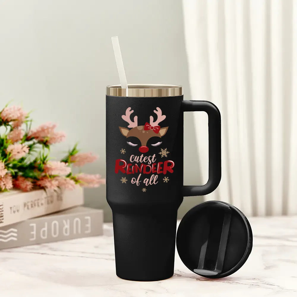 Cutest Reindeer Insulated Travel Tumbler with Handle and Straw