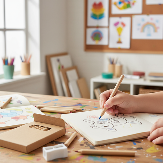Child using pencils in sketchbook