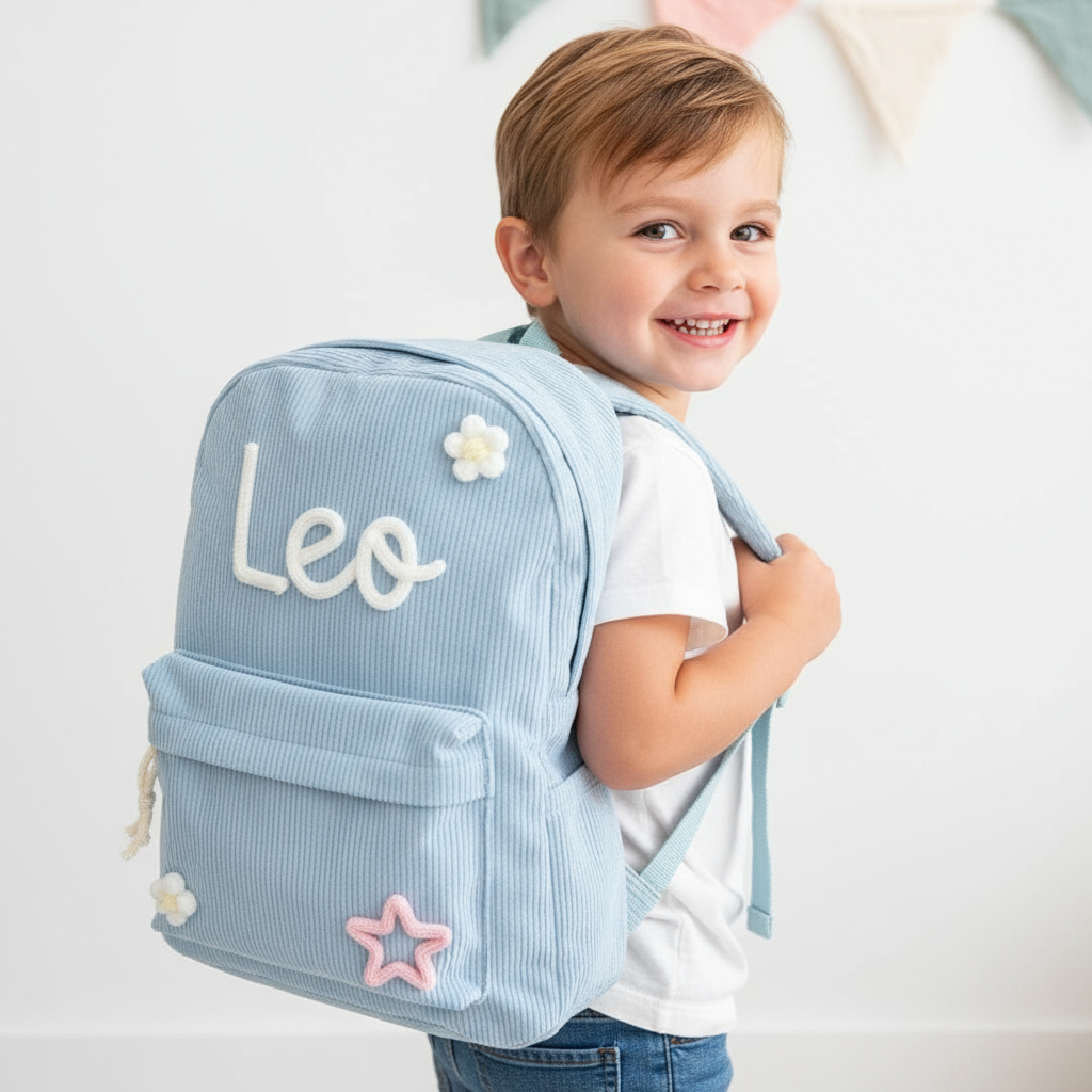Child wearing personalized backpack - front view