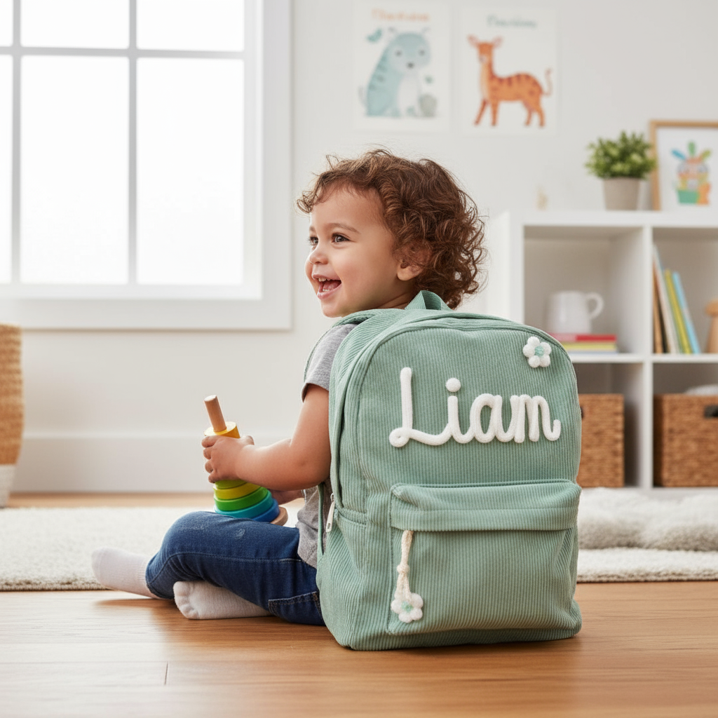 Child wearing personalized backpack - side angle