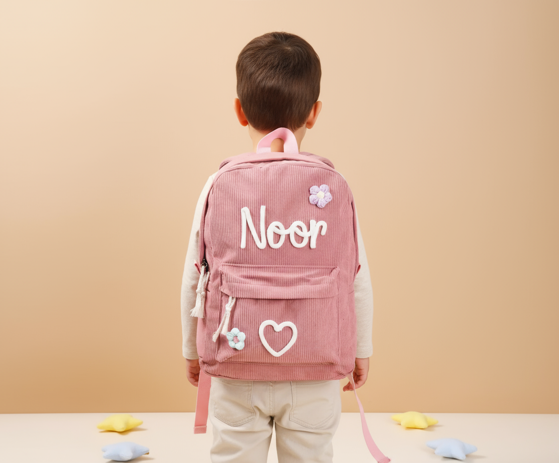 Child wearing pink Noor backpack - back view