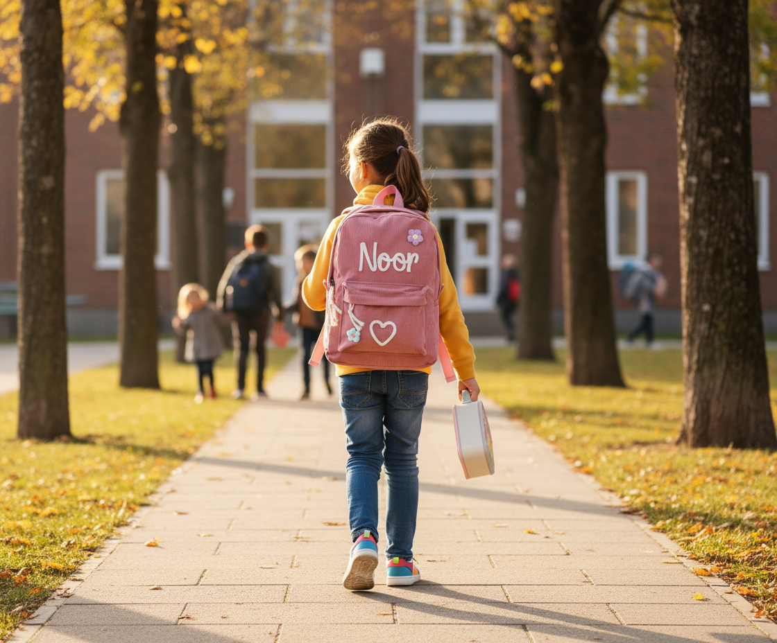 Child wearing pink Noor backpack - outdoor lifestyle