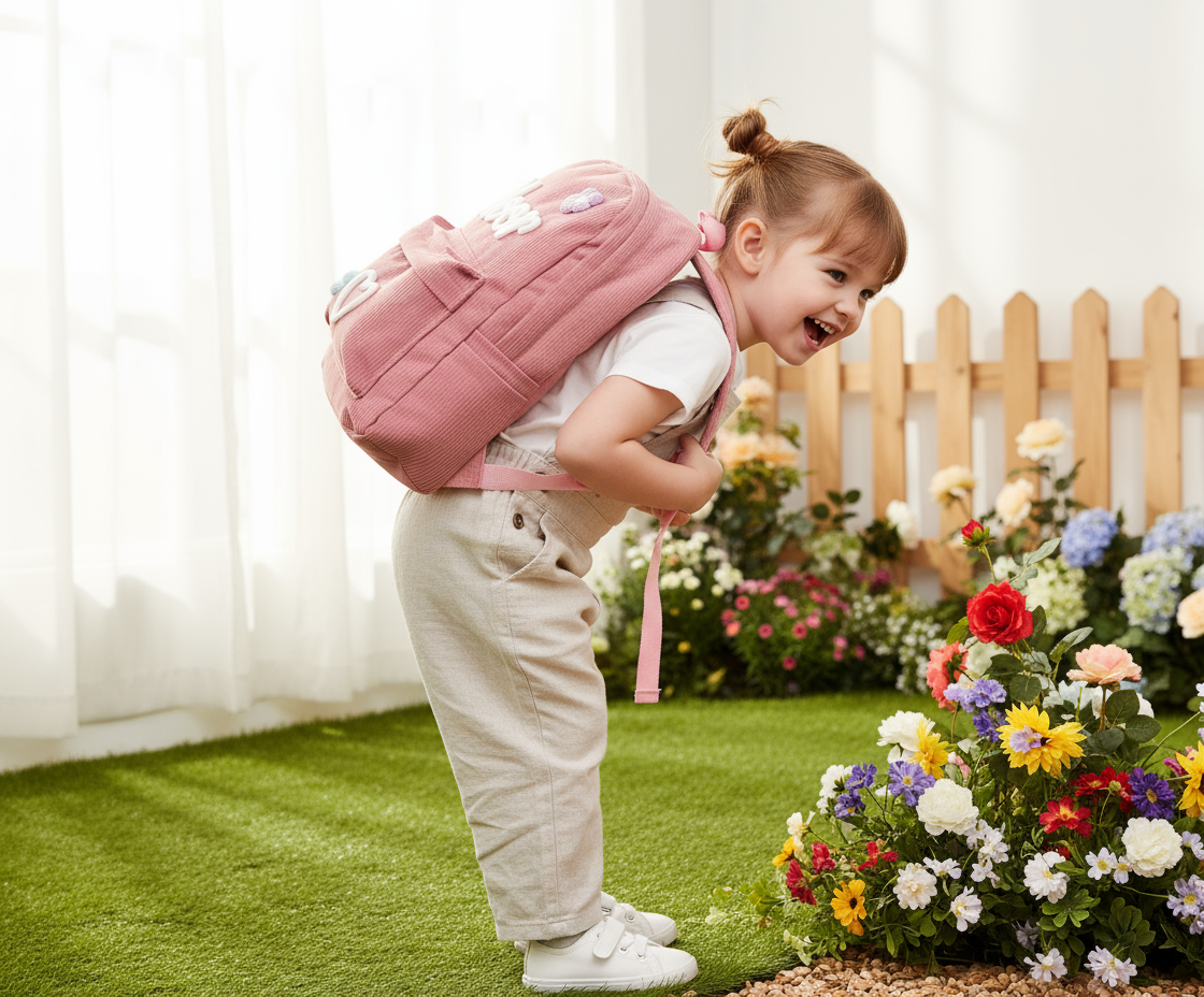 Child wearing pink Noor backpack - side profile