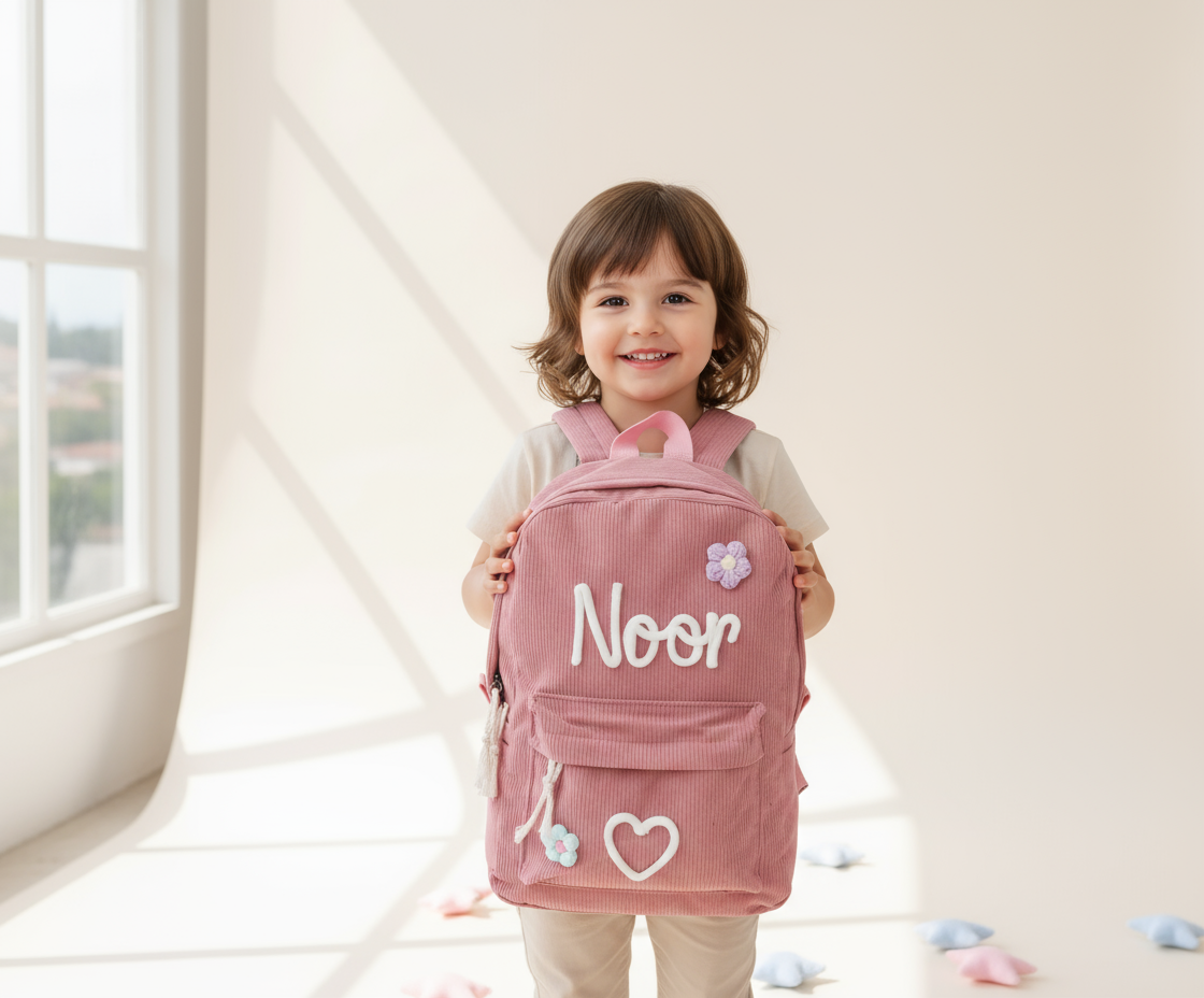 Child wearing pink Noor backpack - studio shot