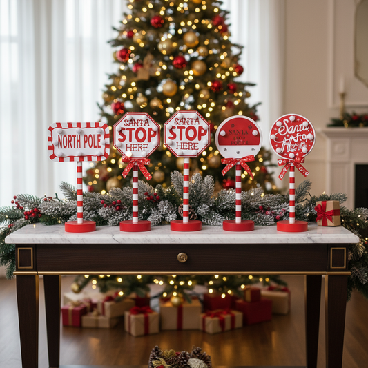 Christmas lamp collection on marble console table