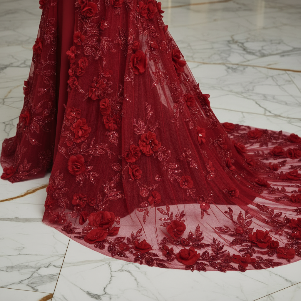 Close-up floral details - Red gown