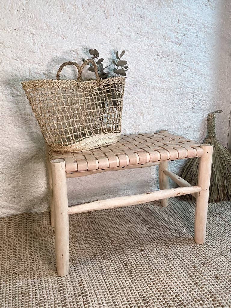 Authentic Handcrafted Moroccan Wooden Bench, Woven Leather Seat, Durable Eucalyptus Wood