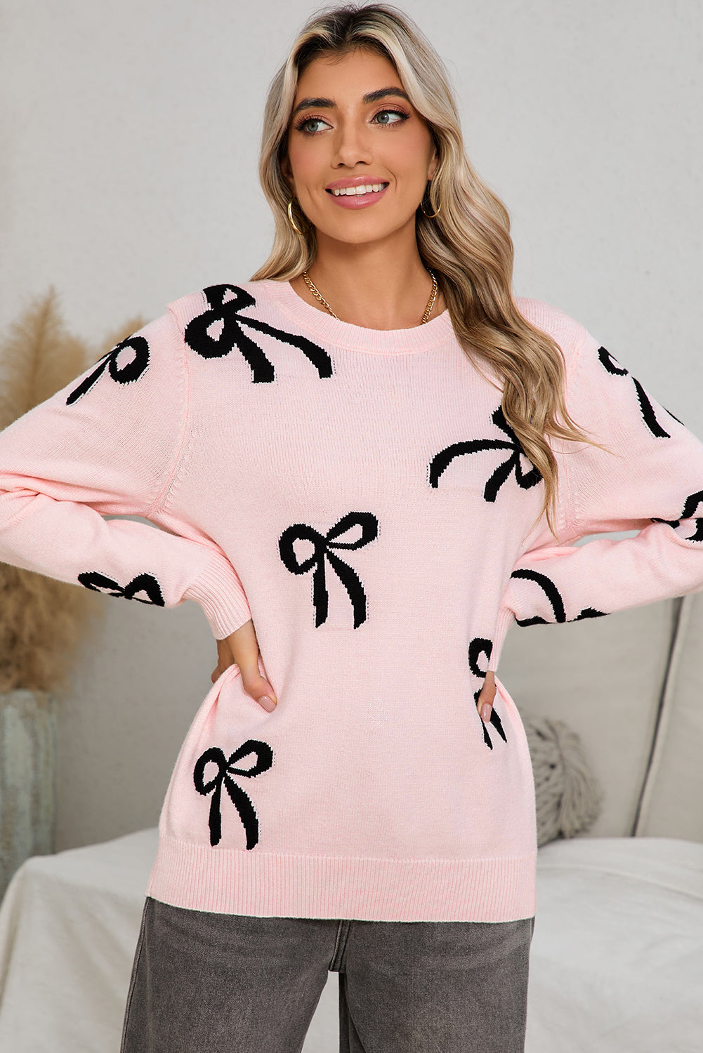 Bow Print Long Sleeve Loose Fit Sweater