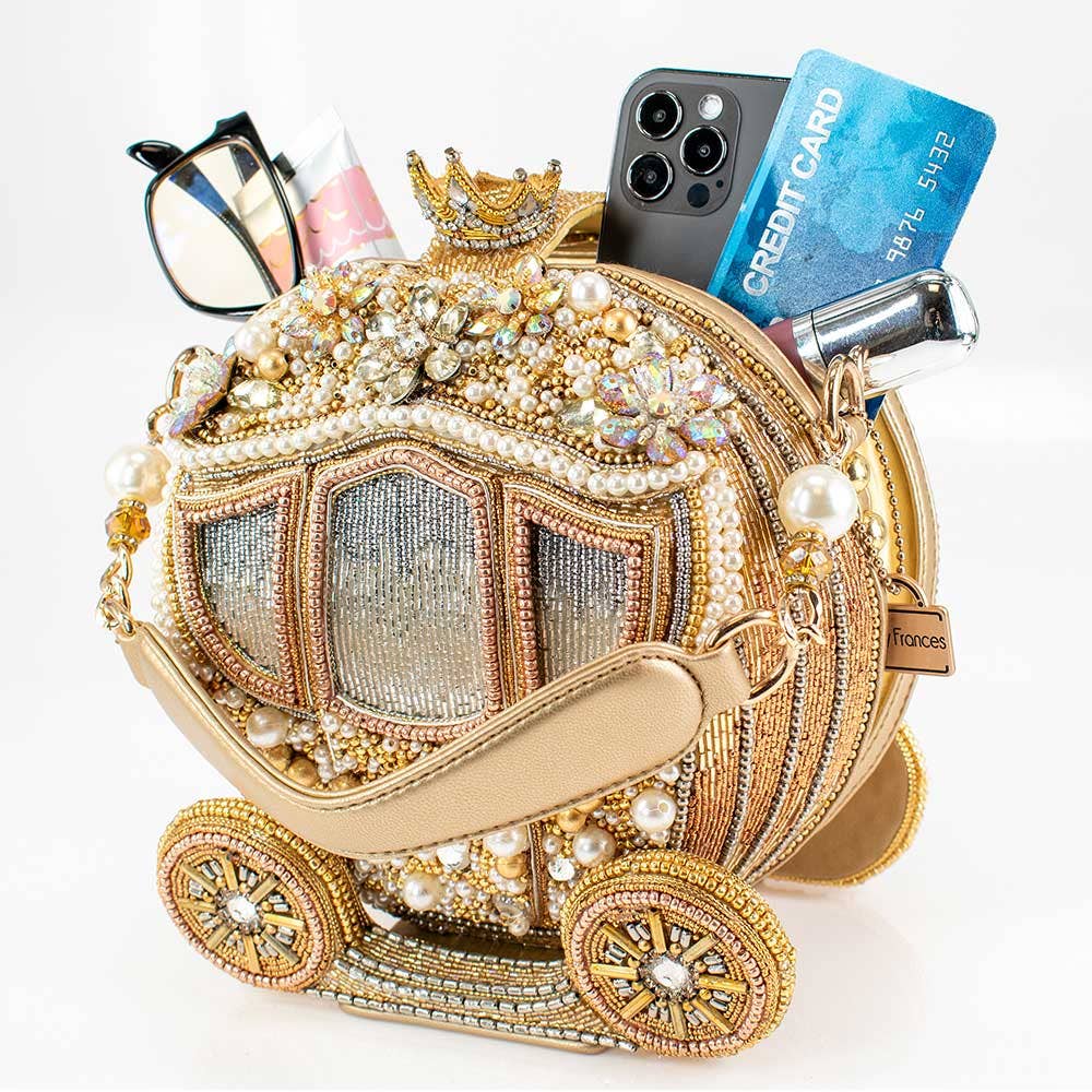 Luxurious Beaded Gold Carriage Handbag, Elegant Top Handle Evening Bag for Women