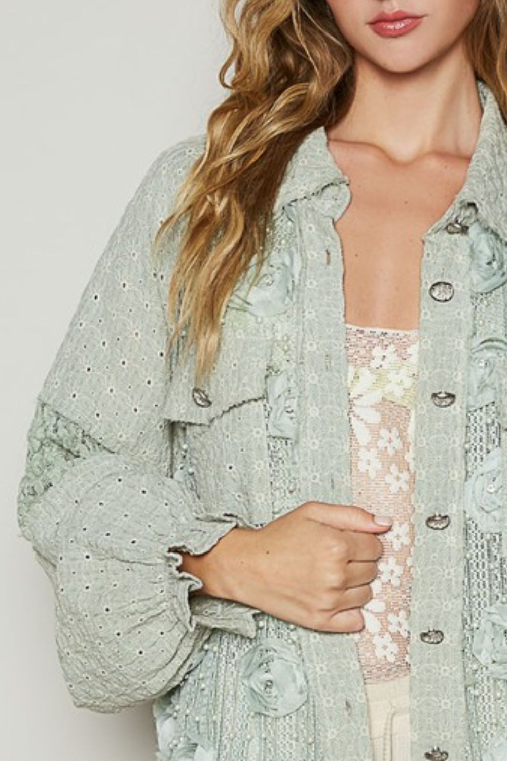 Flower Pearl Detail Lace Patchwork Shirt