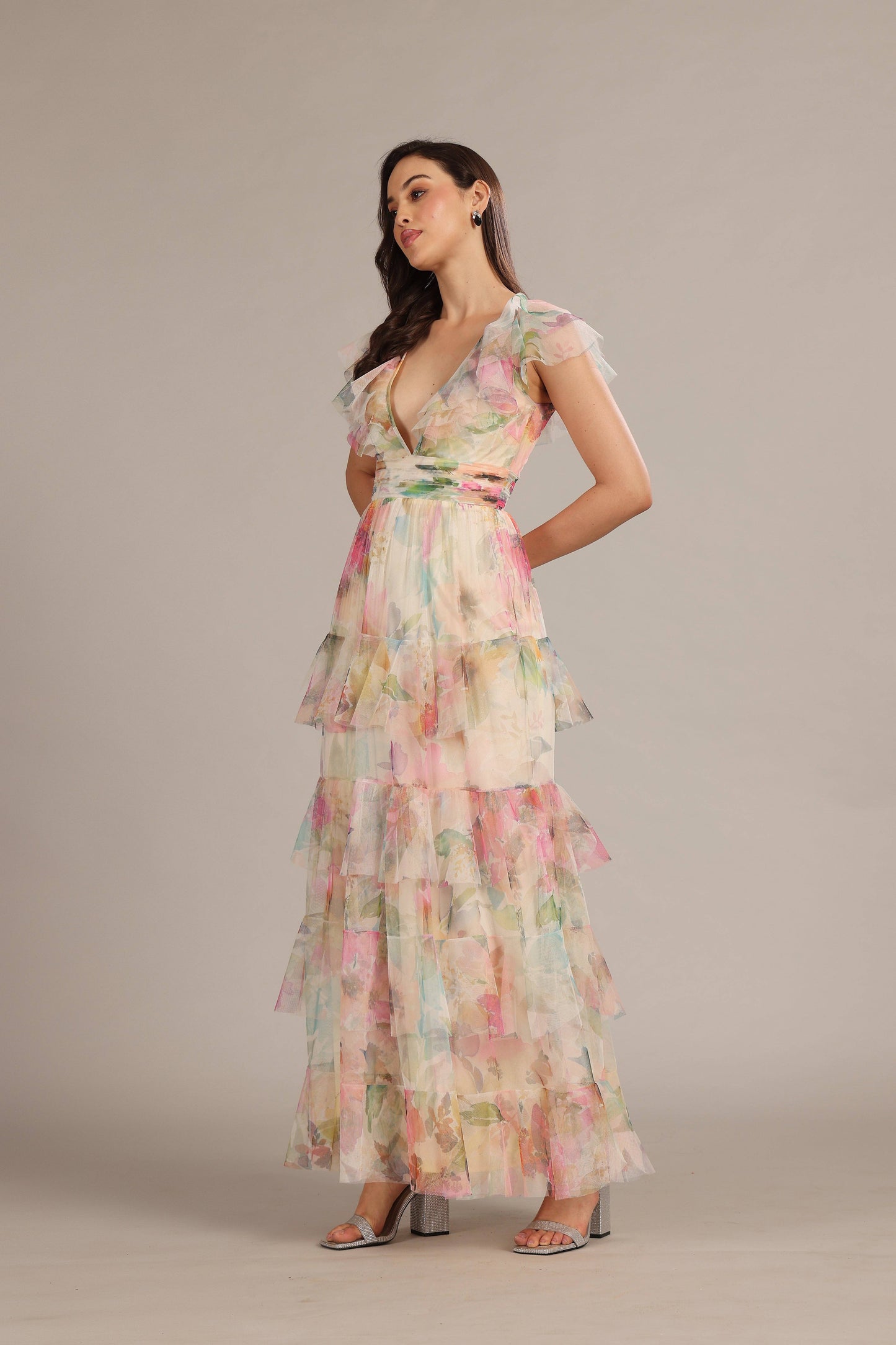 Elegant Cream Pink Floral Tiered V-Neck Maxi Dress with Ruffles