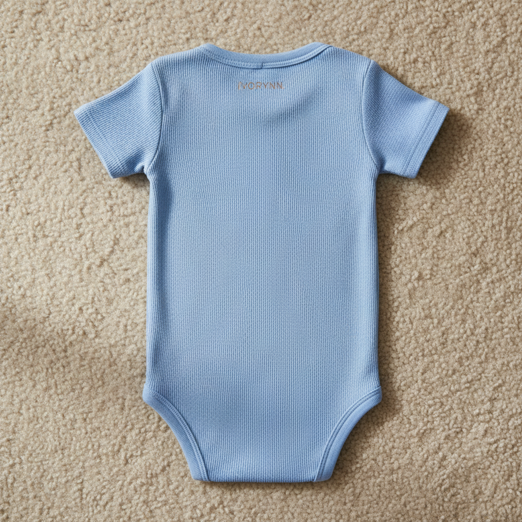 Detailed close-up of back fabric and IVORYNN text on beige carpet