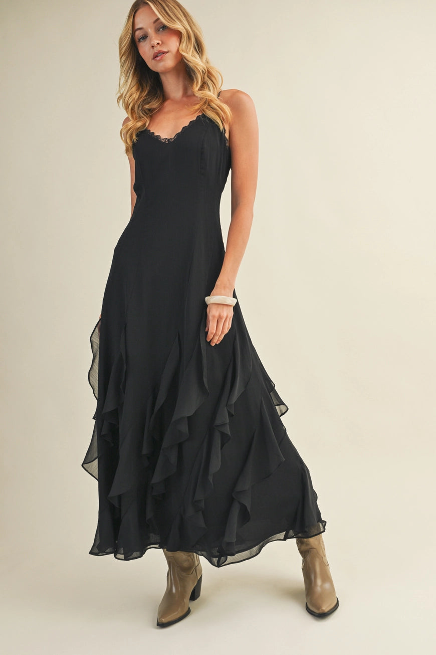 Lace V Neck Ruffled Cami Black Dress