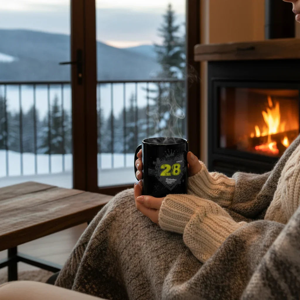 Person wrapped in a cozy knit blanket holding a black dubstep mug by a fireplace, winter mountain view
