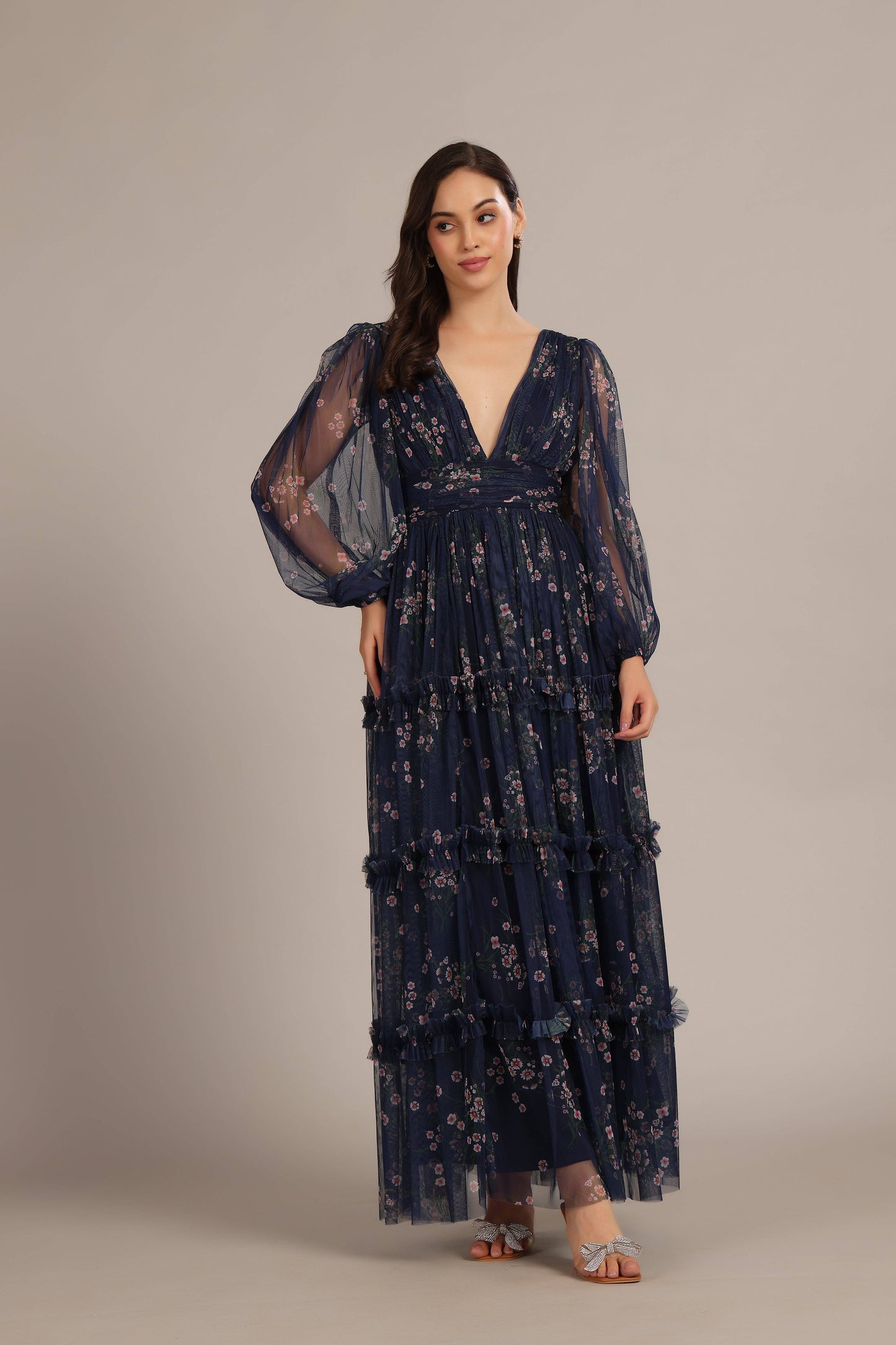 Lydia Elegant Navy Floral Tulle Maxi Dress with V-Neck and Cinched Waist