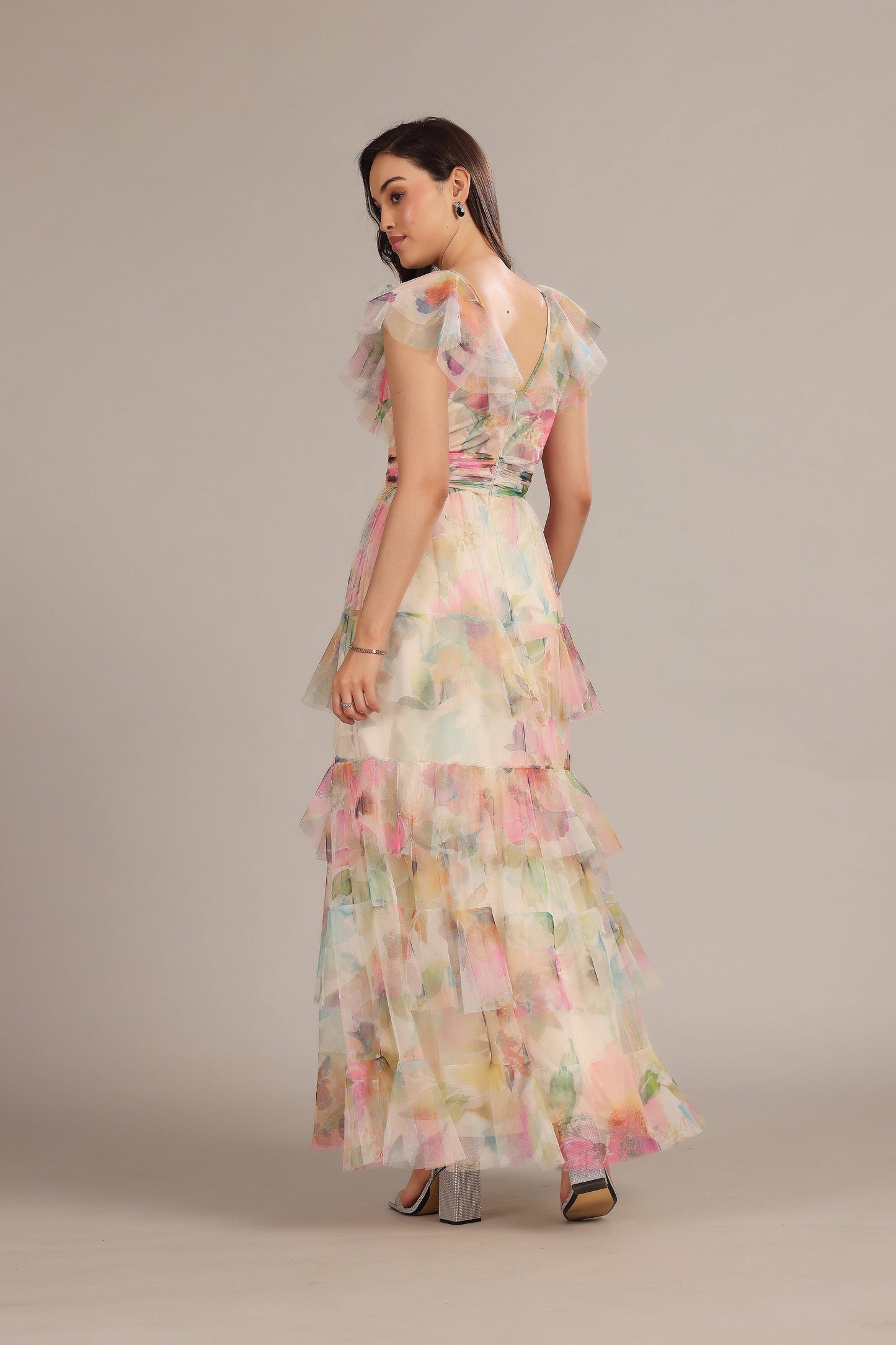 Elegant Cream Pink Floral Tiered V-Neck Maxi Dress with Ruffles