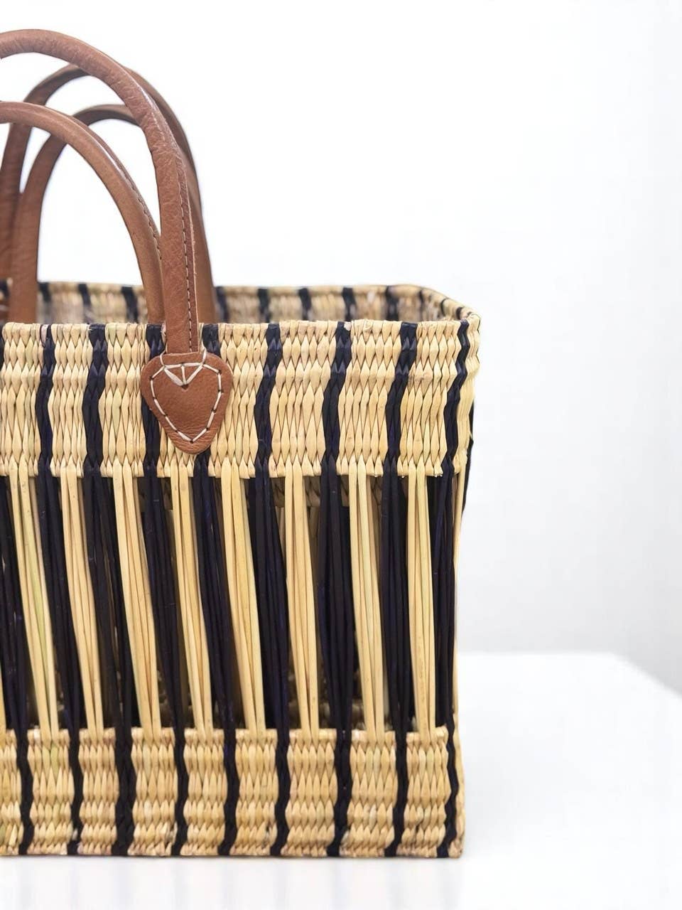 Moroccan Handwoven Straw Tote Bag with Leather Handles - Eco-Friendly Striped Design