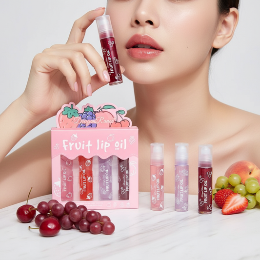 Elegant hand holding lip oil with collection