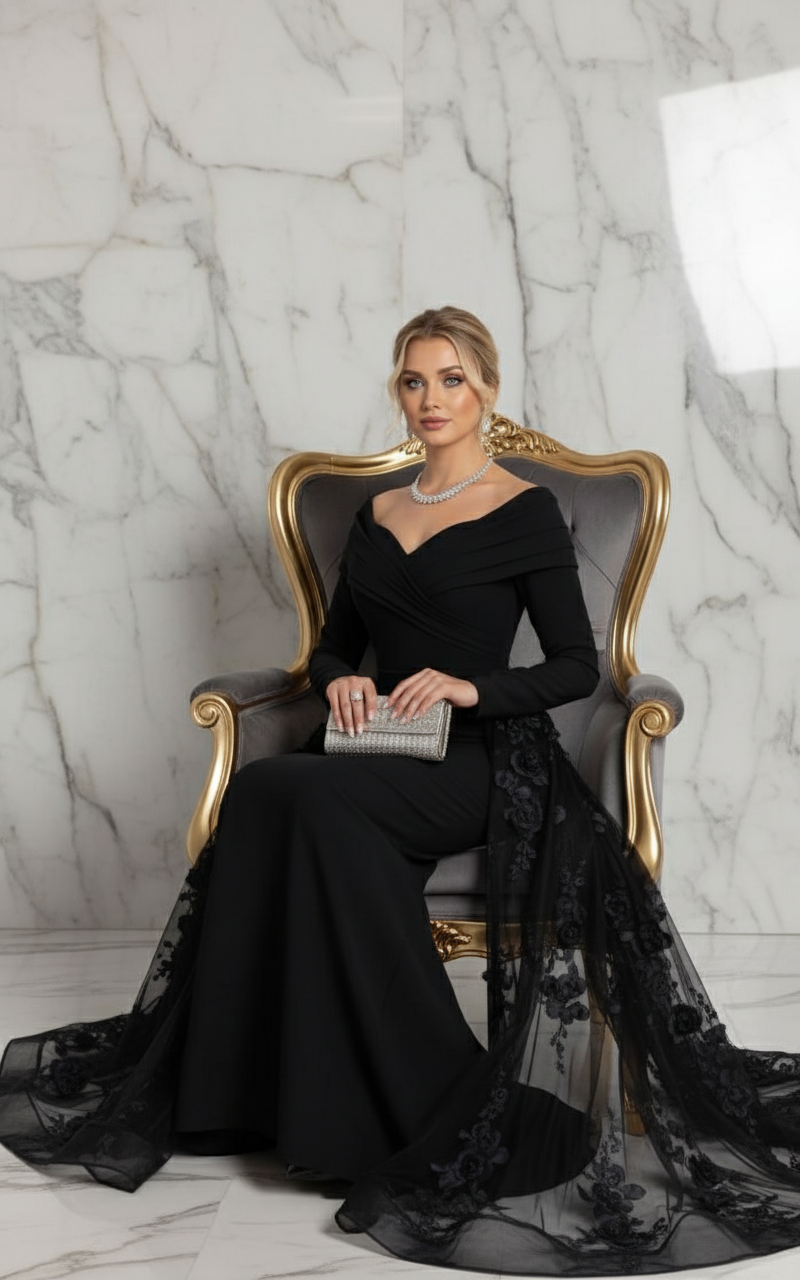 Elegant seated pose - Black gown