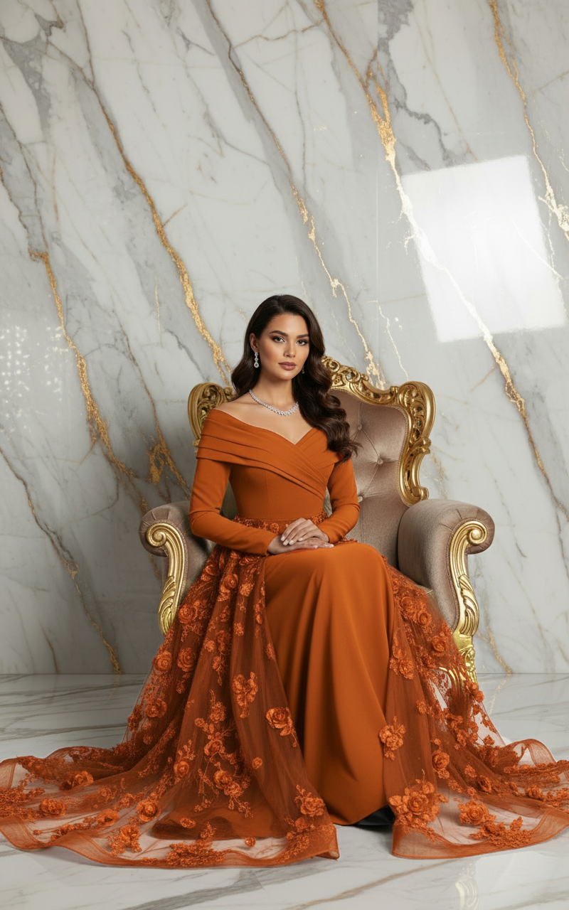 Off Shoulder Orange Elegant Evening Gown with Train