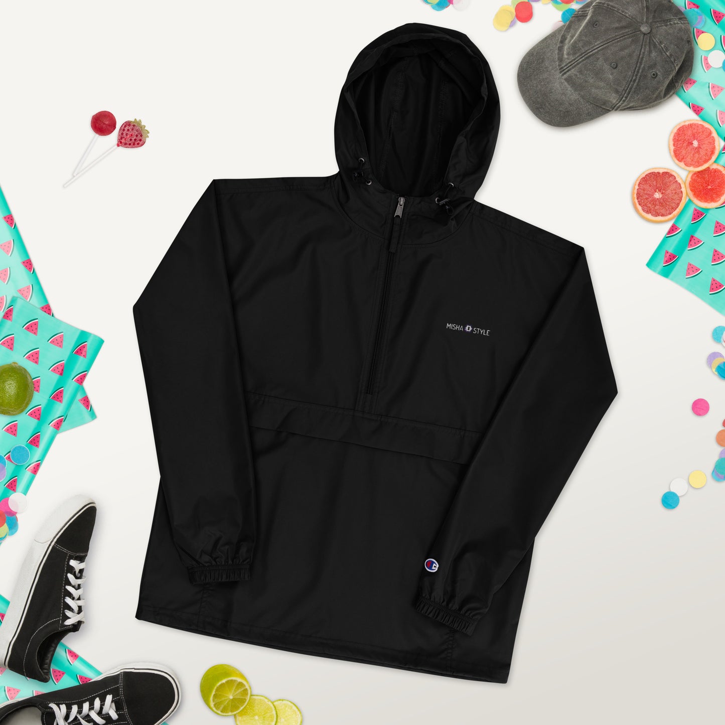 Embroidered Champion Packable Women Jacket - Black