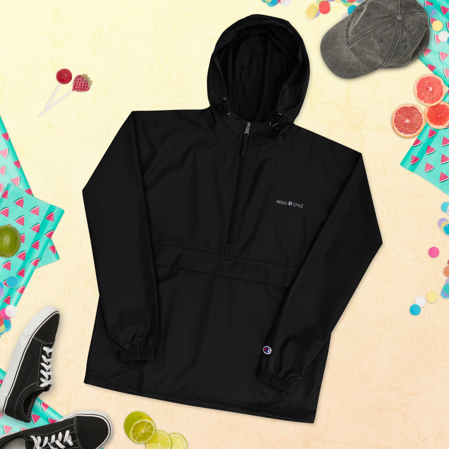 Embroidered Champion Packable Women Jacket - Black
