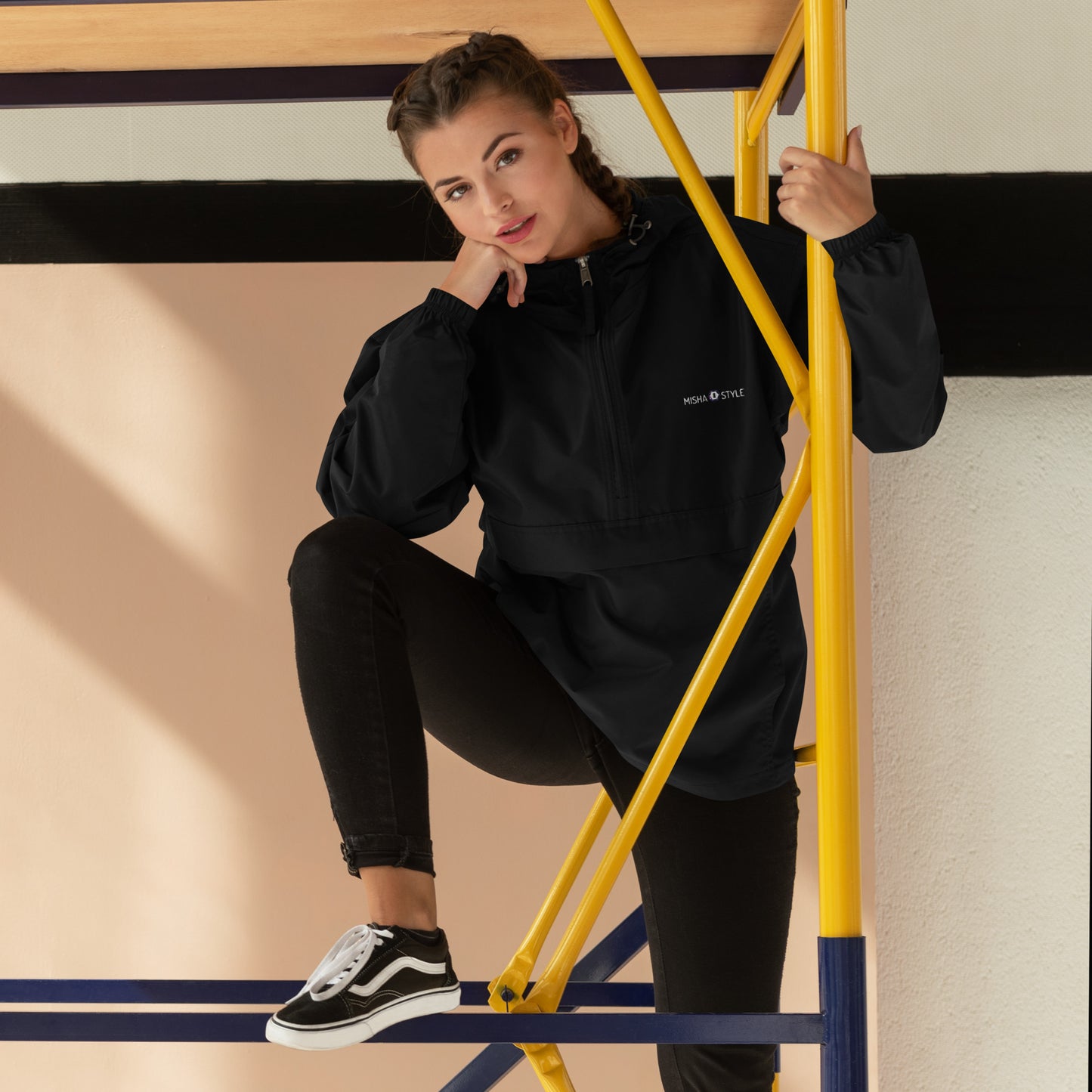 Embroidered Champion Packable Women Jacket - Black