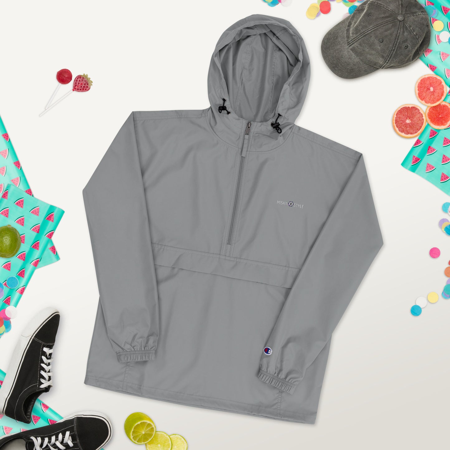 Embroidered Champion Packable Jacket - Gray