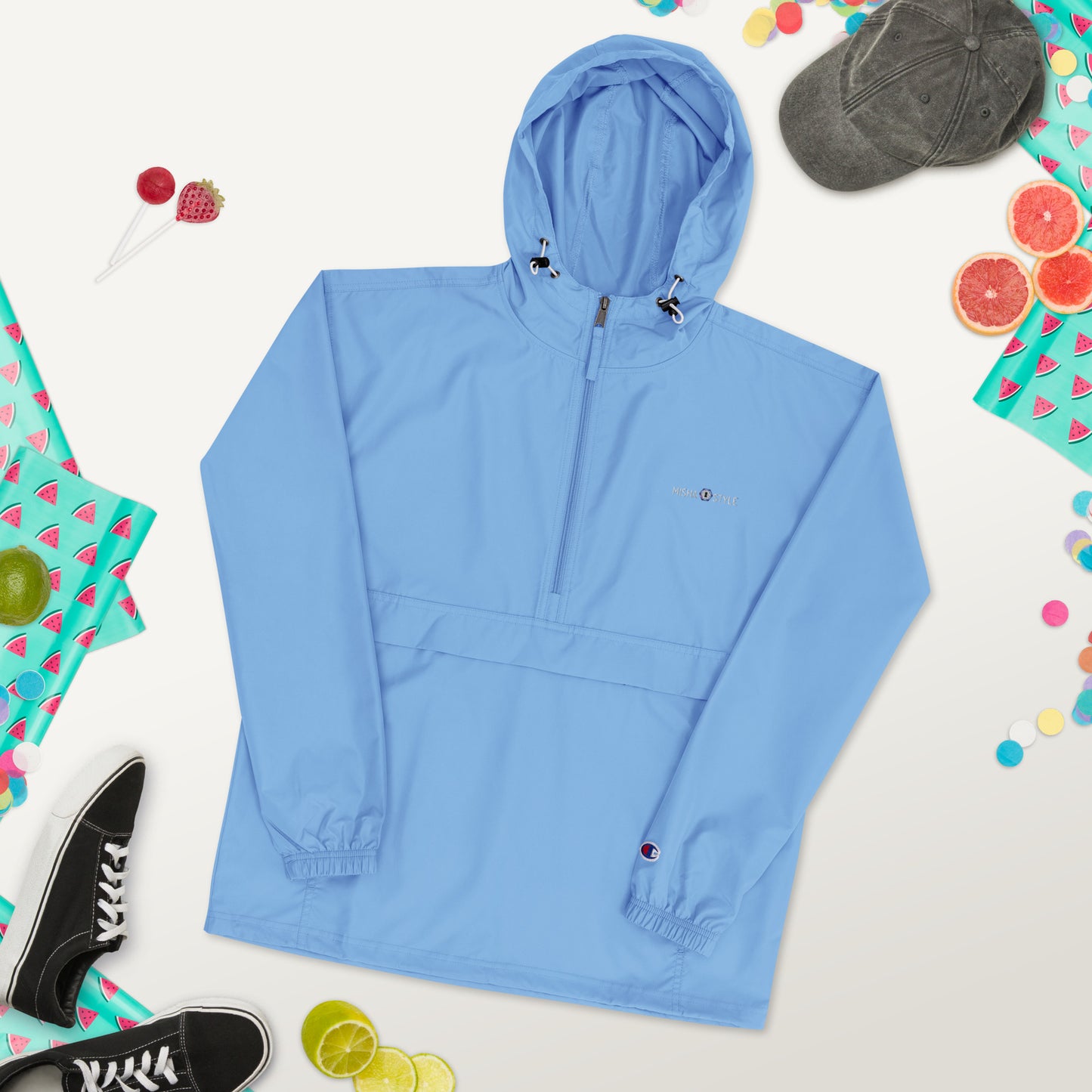Embroidered Champion Packable Women Jacket - Light Blue