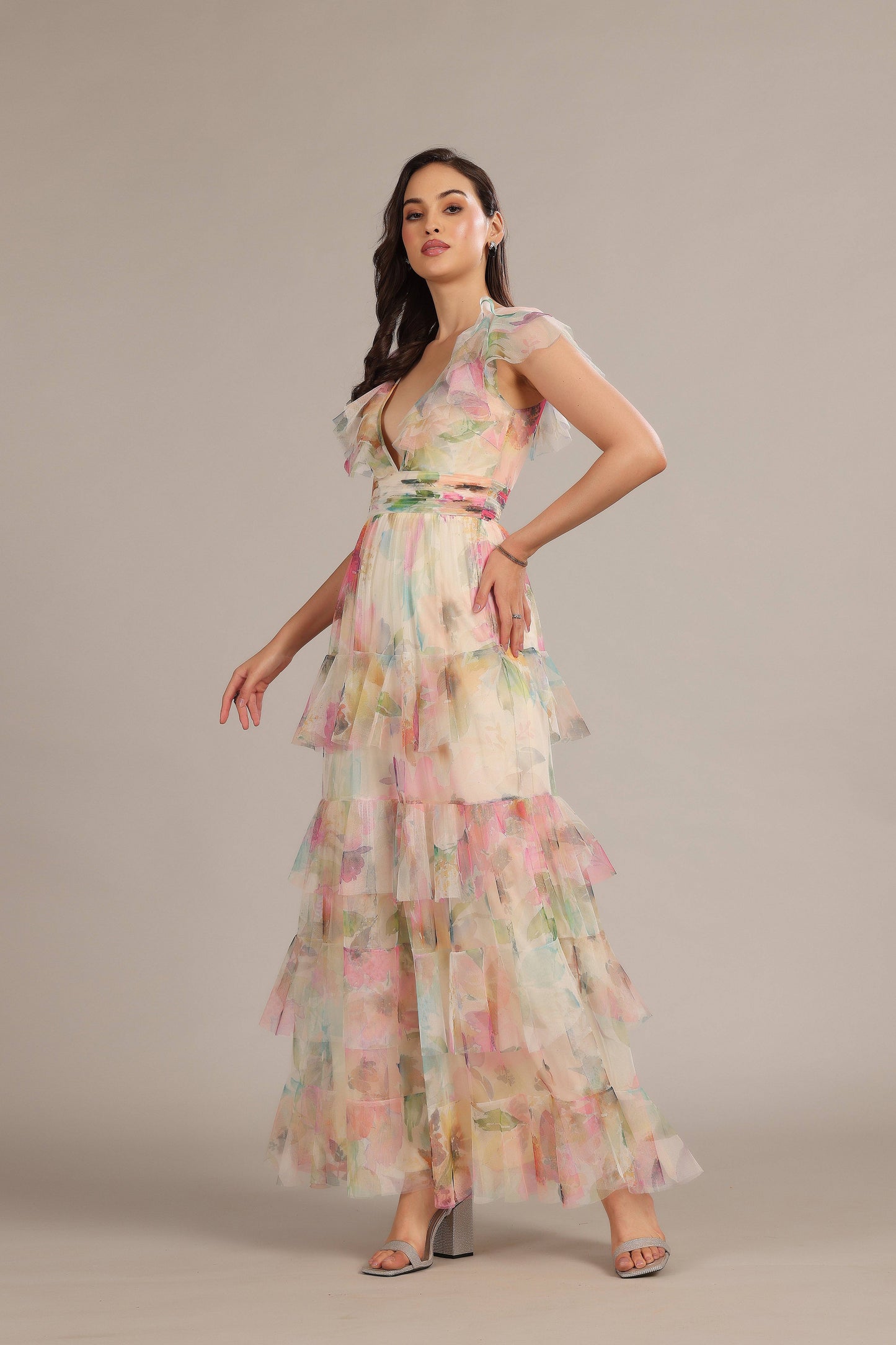 Elegant Cream Pink Floral Tiered V-Neck Maxi Dress with Ruffles