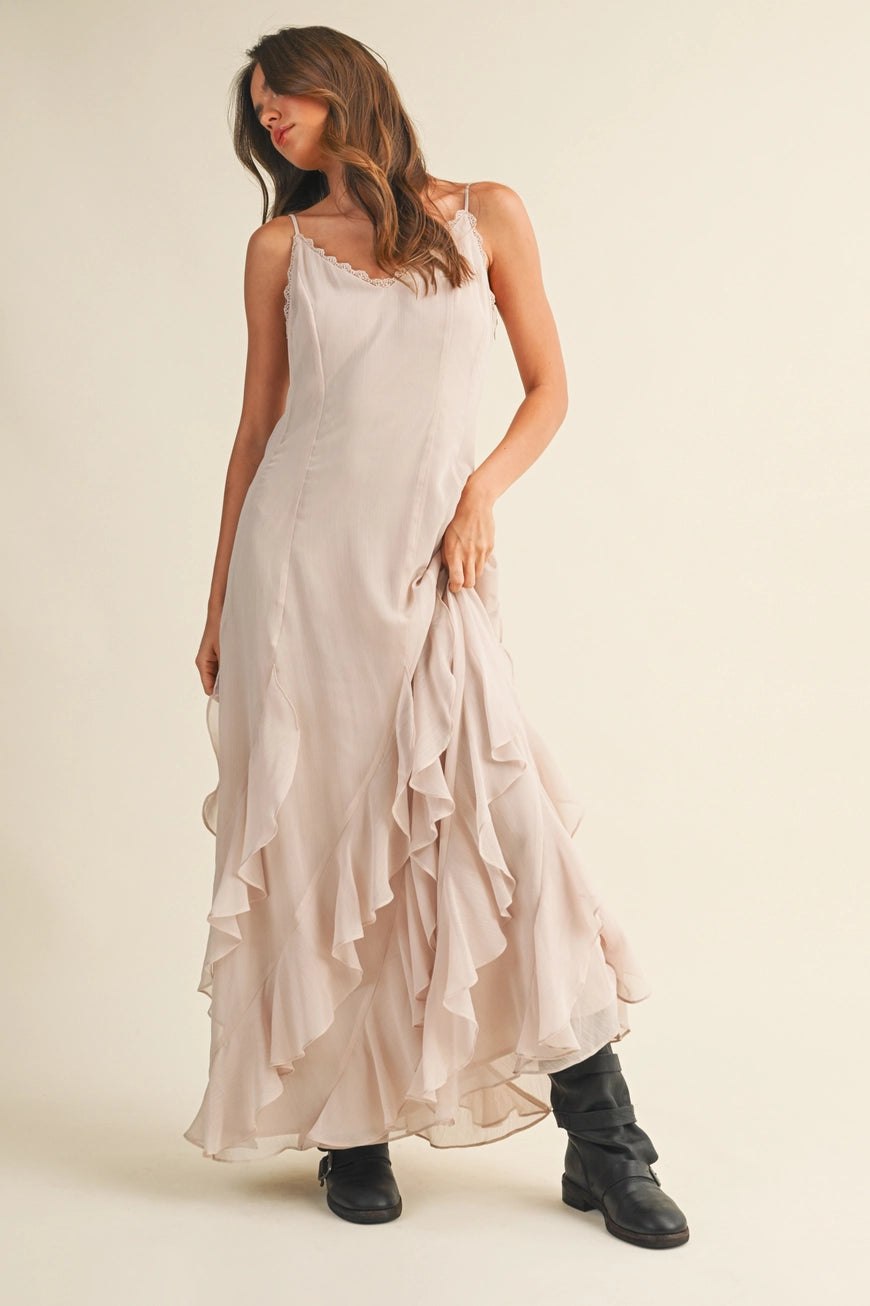 Lace V Neck Ruffled Cami Cream Dress