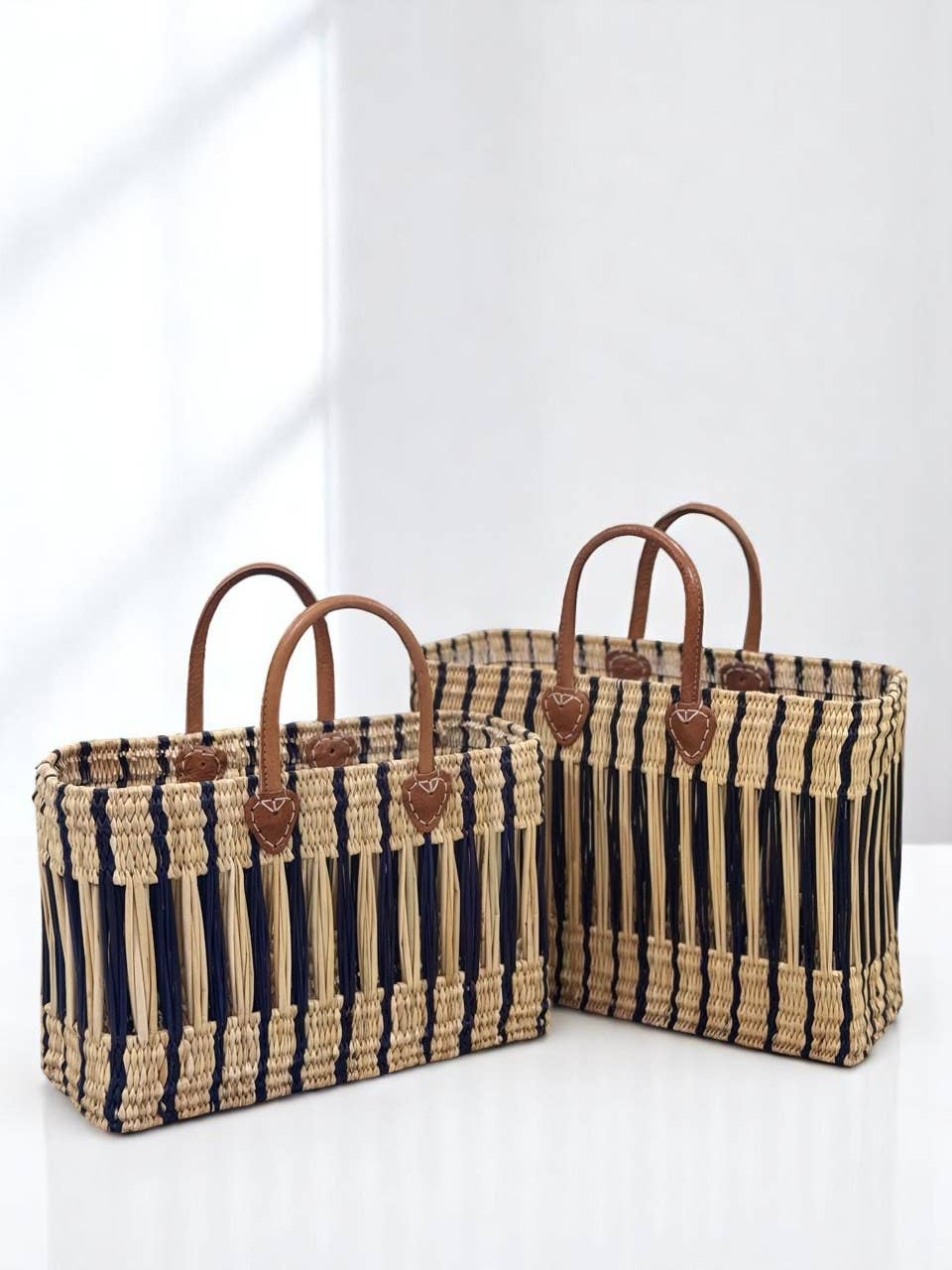 Moroccan Handwoven Straw Tote Bag with Leather Handles - Eco-Friendly Striped Design