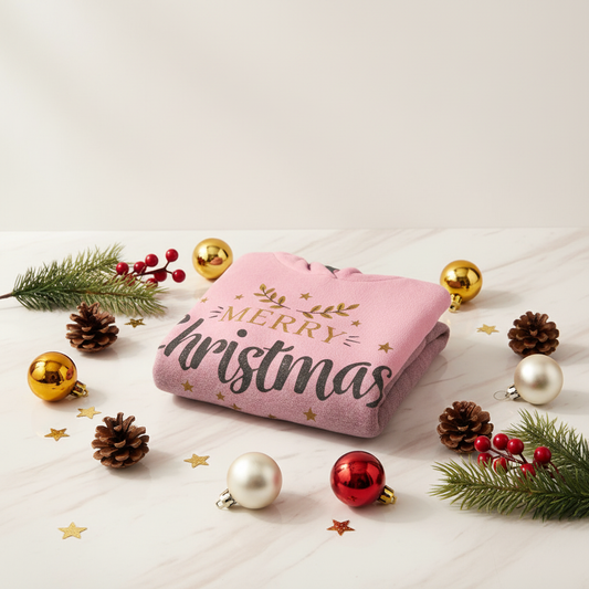 Folded hoodie with Christmas ornaments and pine cones