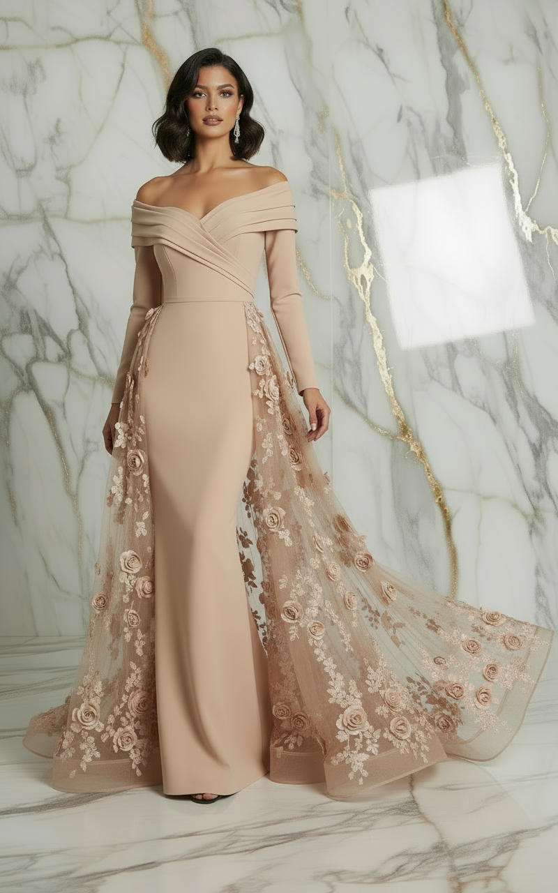 Front pose with flowing train - Beige gown