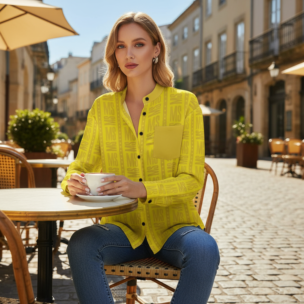 Front view of yellow shirt at café