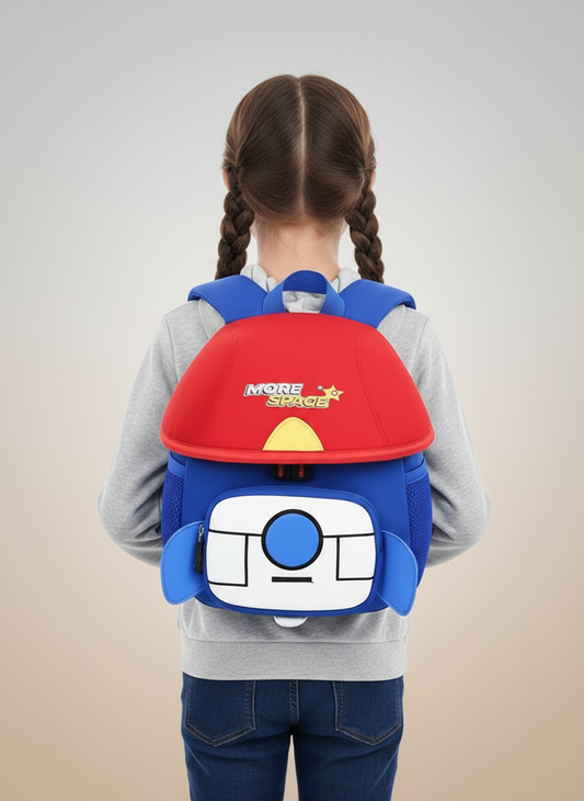 Girl with spaceship backpack - back view studio shot