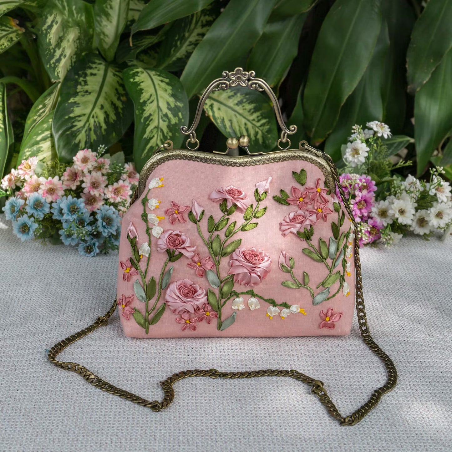Luxury Unique Embroidered Pink Handbag