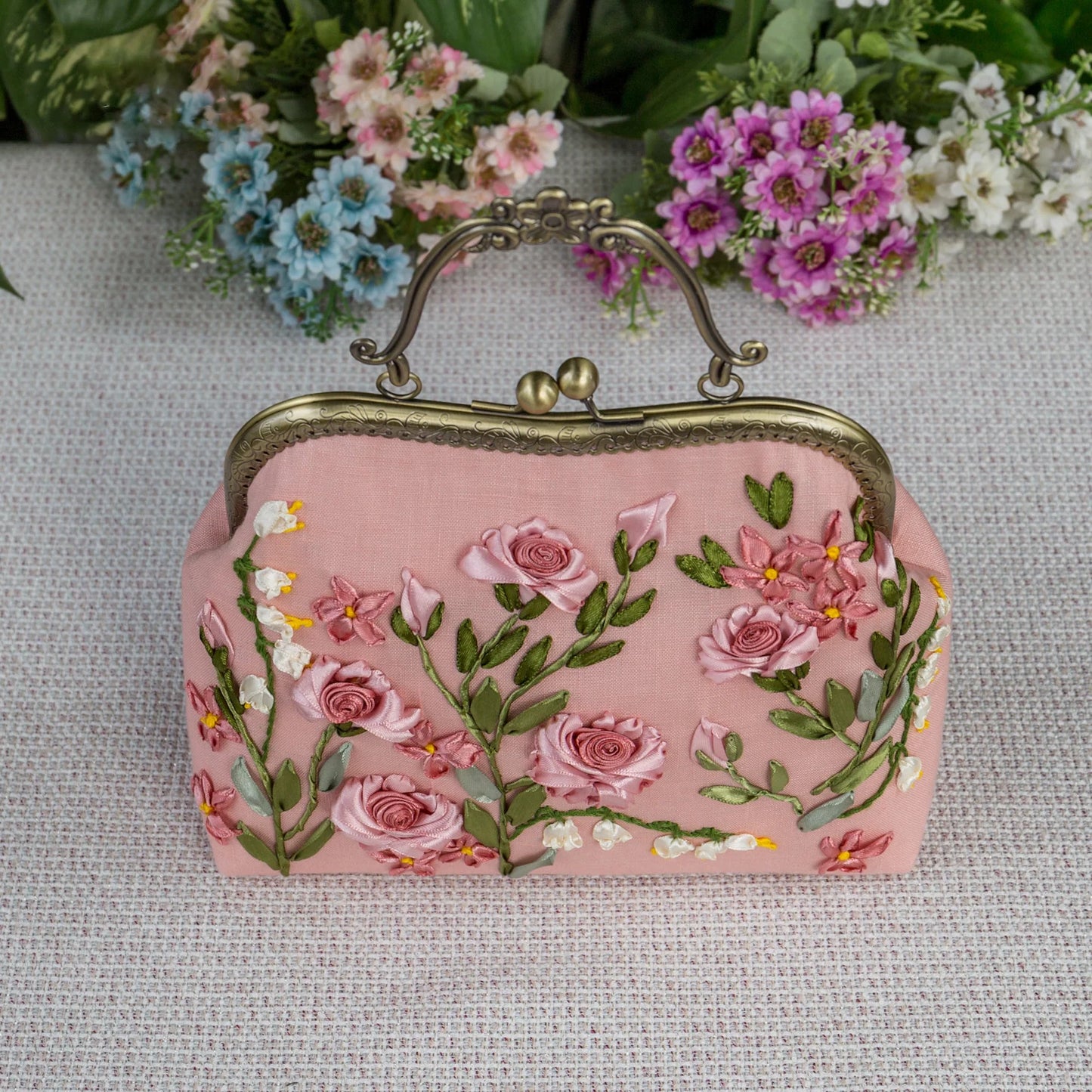 Luxury Unique Embroidered Pink Handbag