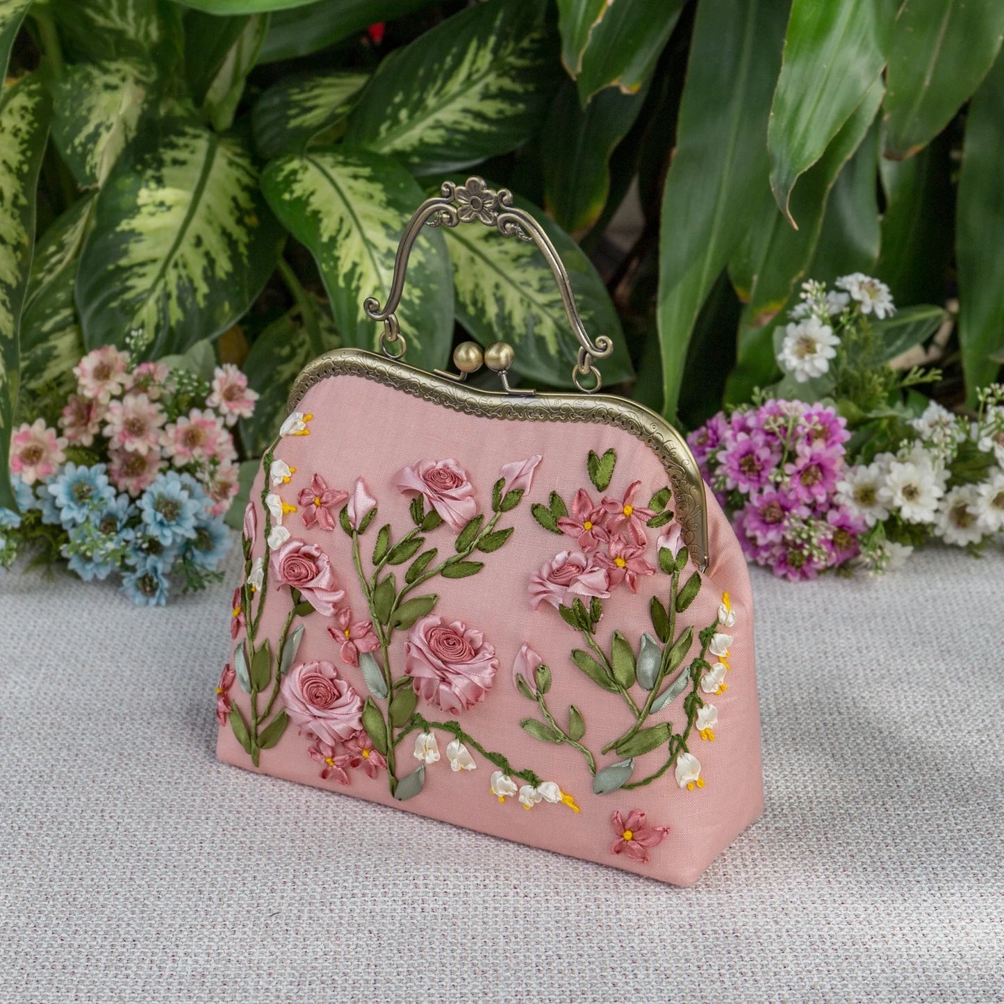 Luxury Unique Embroidered Pink Handbag