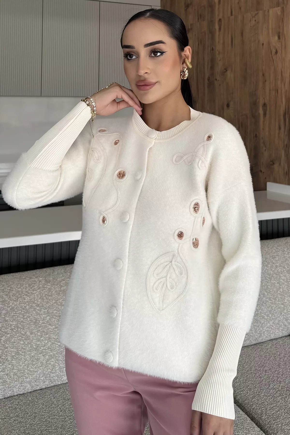 Women's Sequin Embroidered Fluffy Knit Cardigan - Soft, Stylish S-XL Fit
