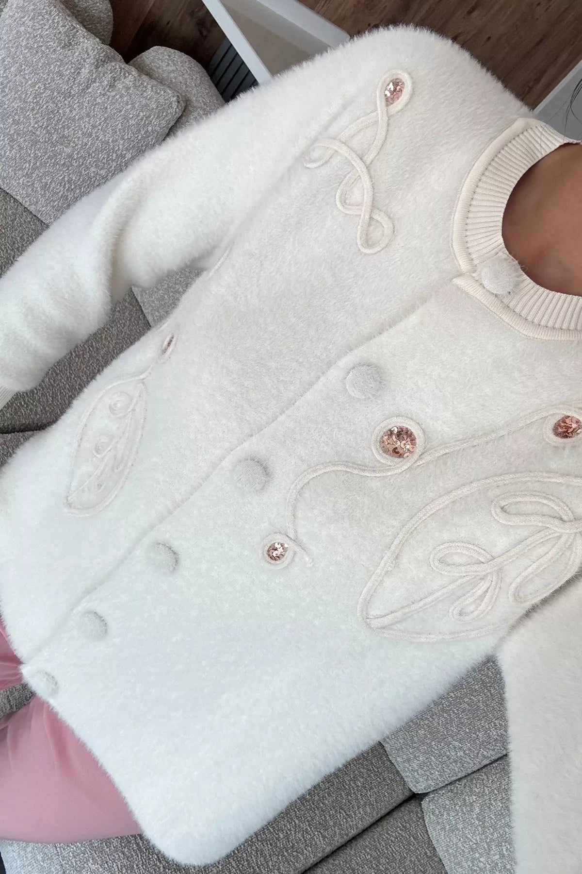 Women's Sequin Embroidered Fluffy Knit Cardigan - Soft, Stylish S-XL Fit