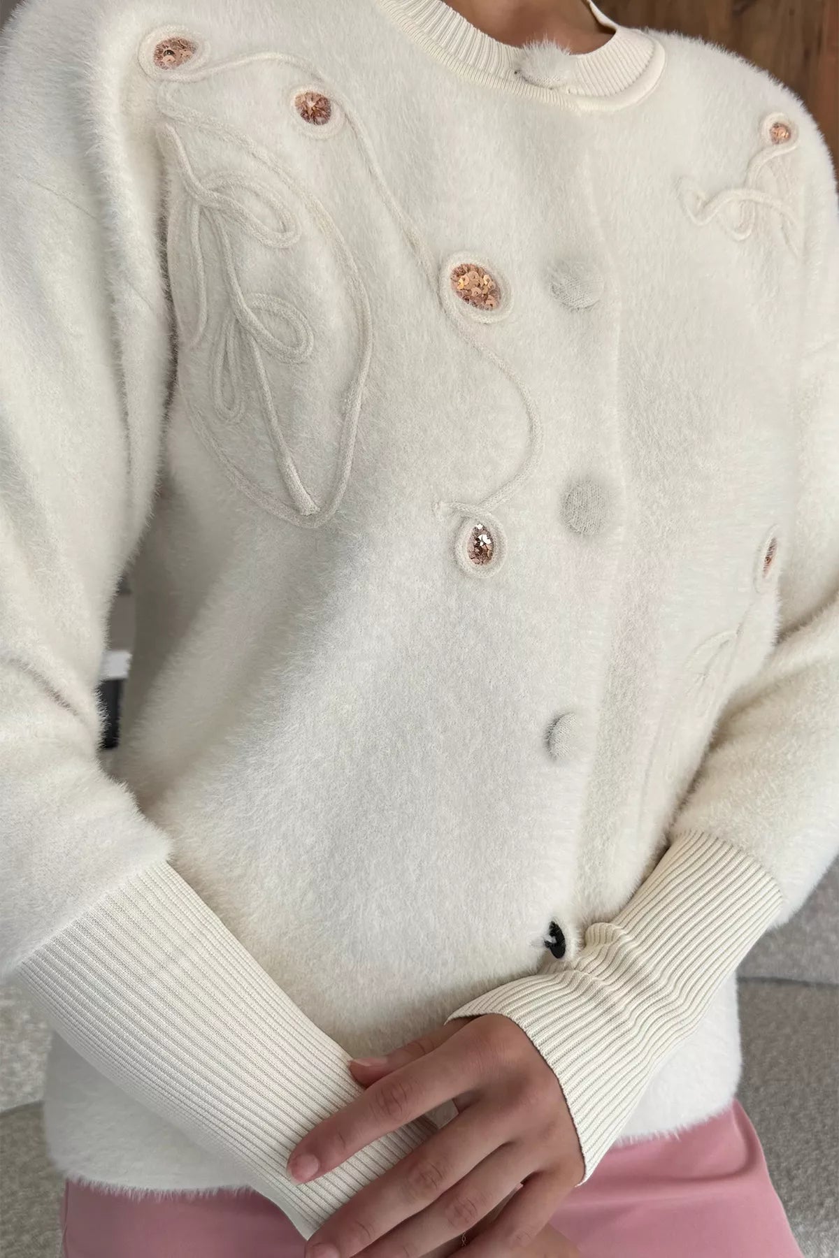 Women's Sequin Embroidered Fluffy Knit Cardigan - Soft, Stylish S-XL Fit