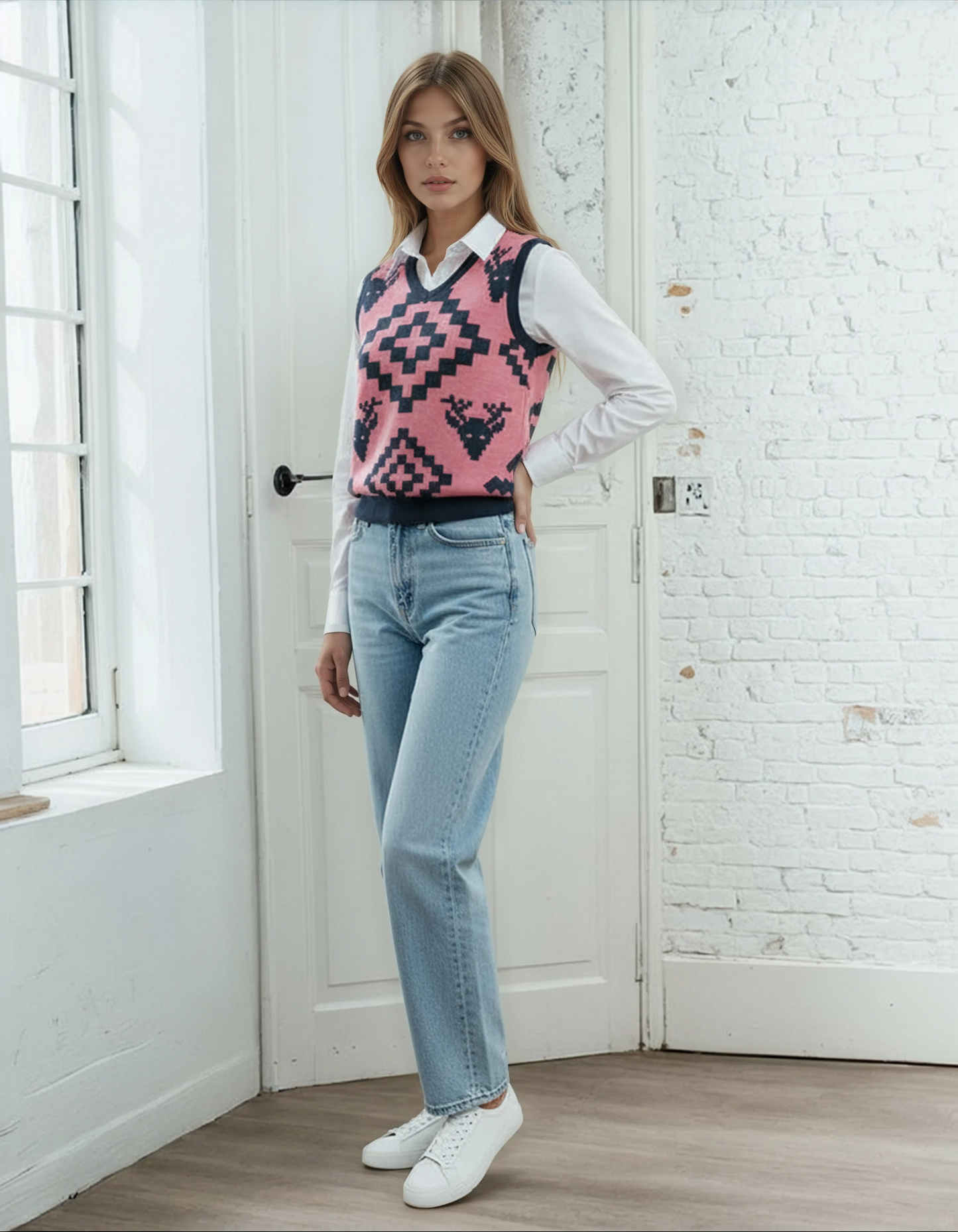 Classic Vintage V-neck Pink Knitted vest