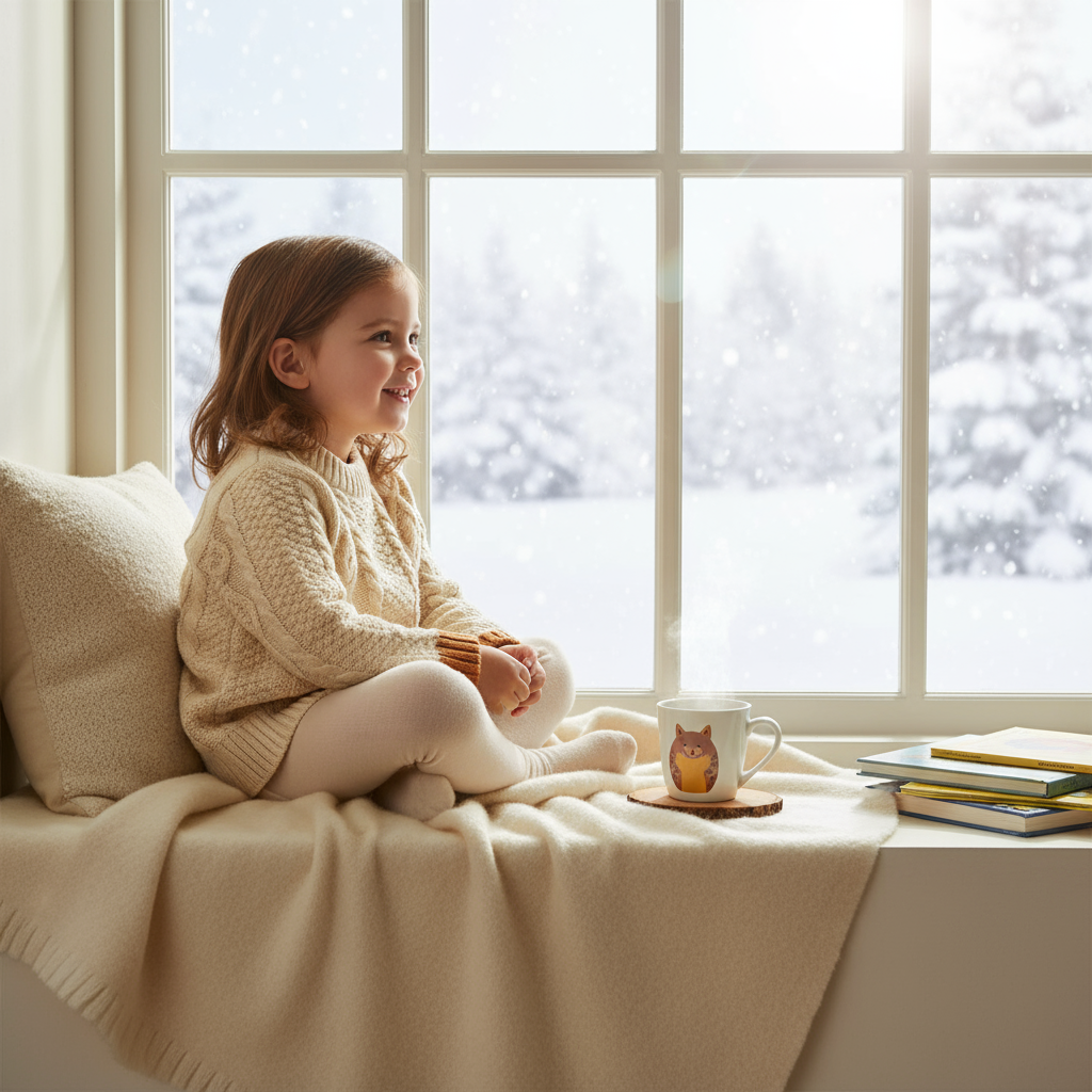 Little girl in winter jumper - window light
