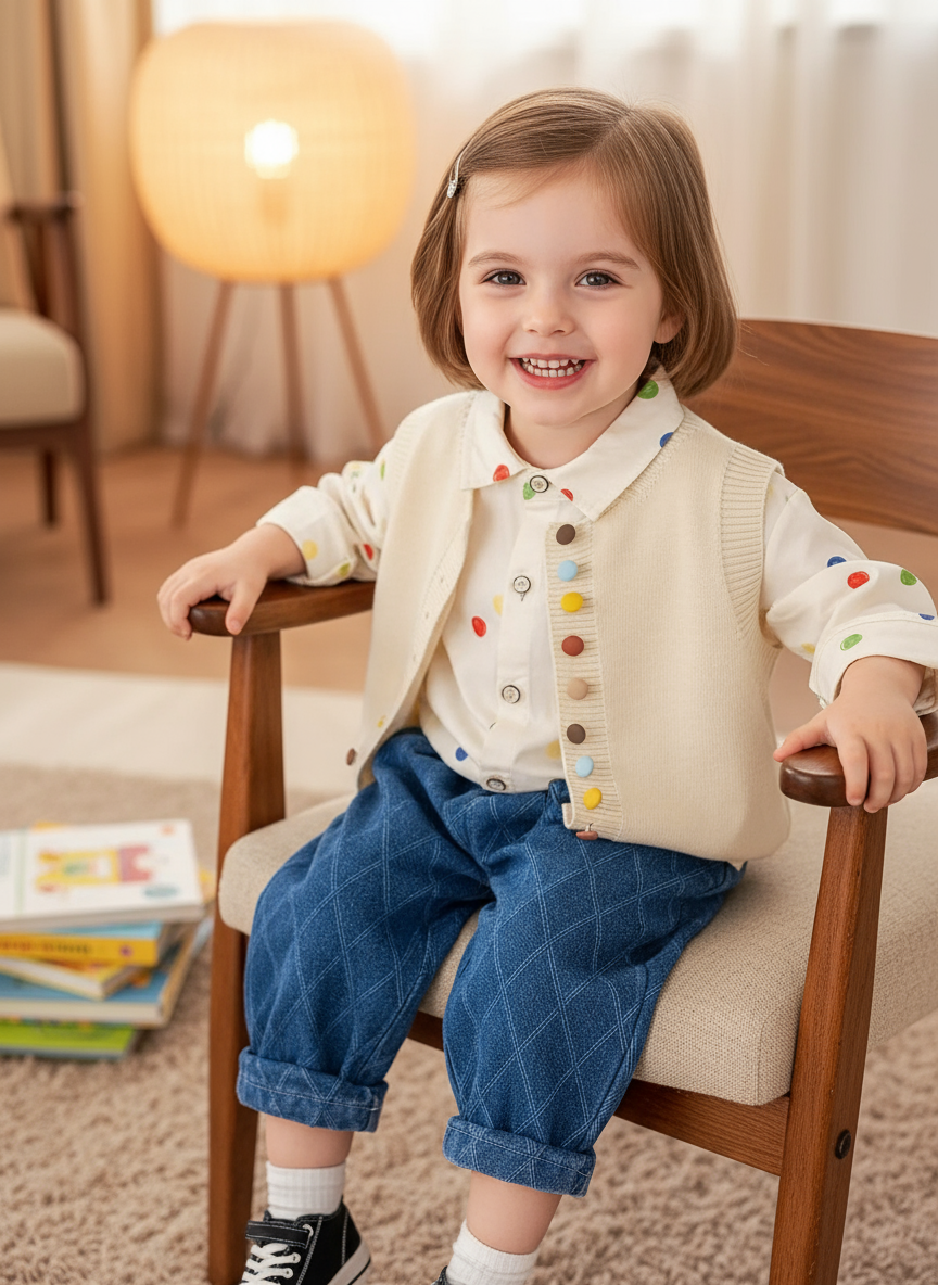 Little girl sitting in cozy home interior