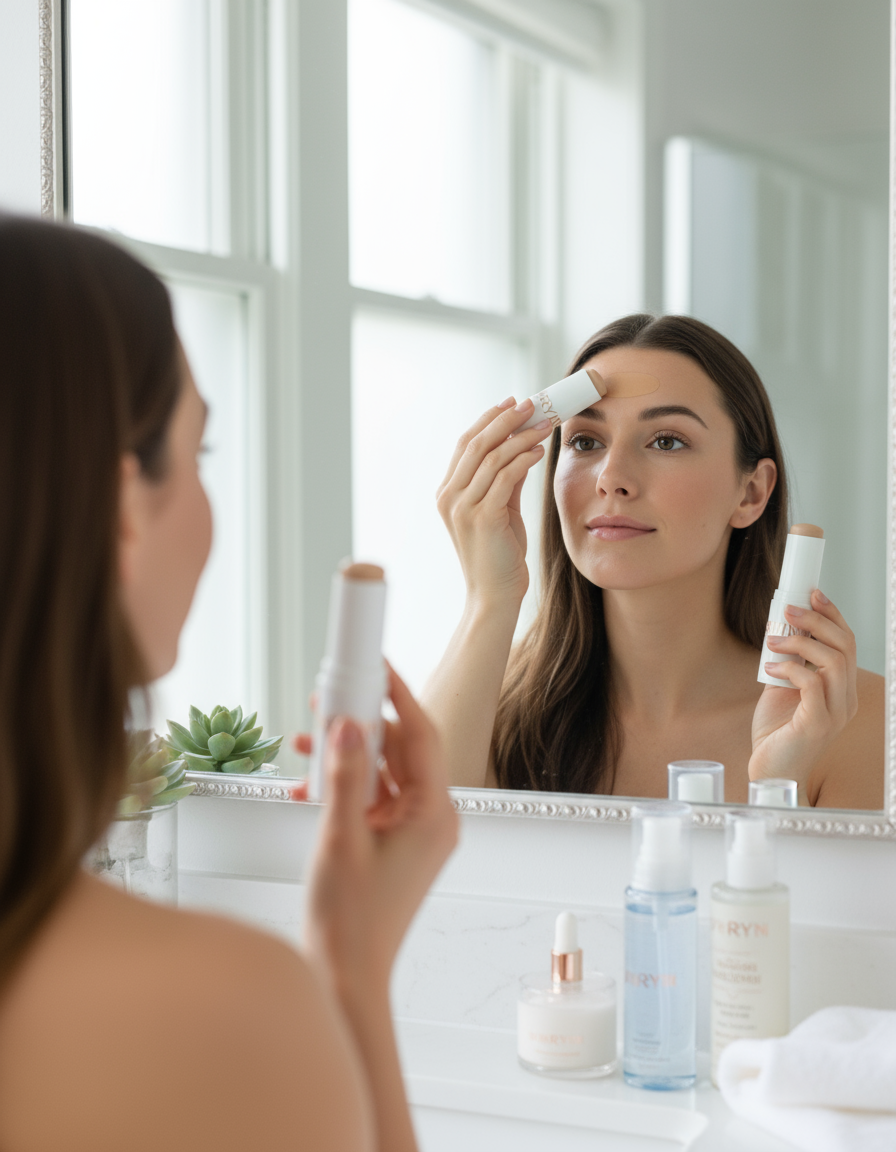 Morning skincare routine with mirror